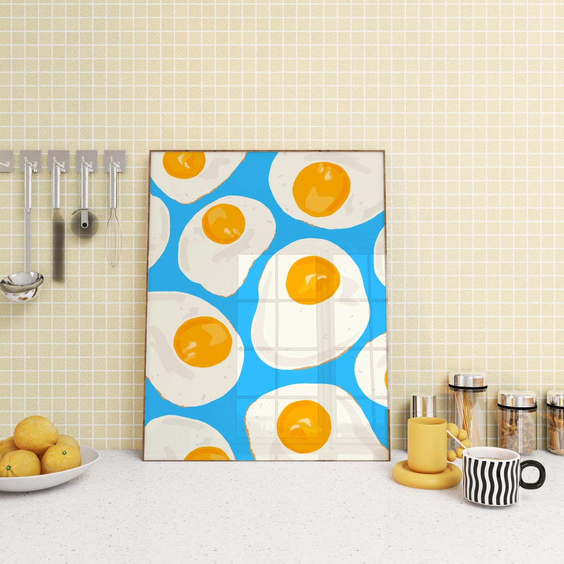 Sunny Side Up Fried Eggs Pattern on Blue Kitchen Wall Poster - Image 4