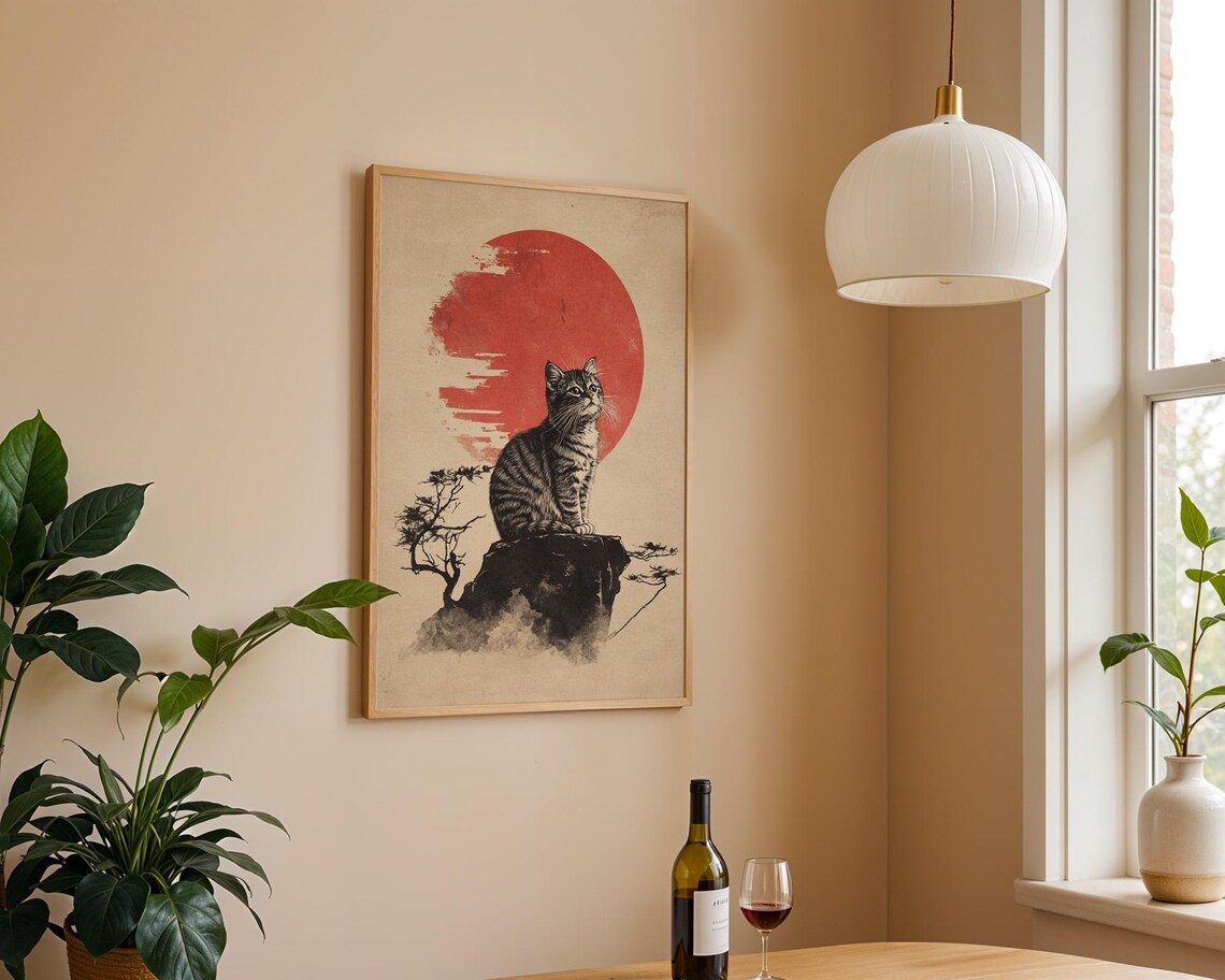 Japanese Tabby Cat Red Sun Sumi-e Style Art Poster for Wall Decor