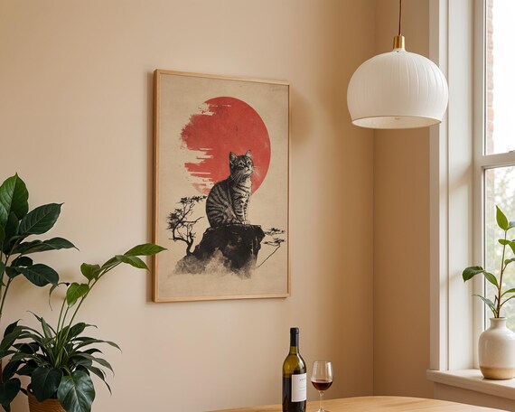 Japanese Tabby Cat Red Sun Sumi-e Style Art Poster for Wall Decor