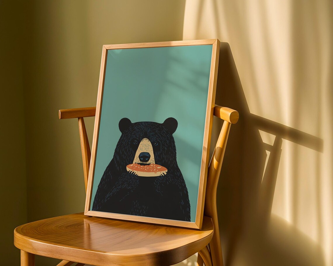 Adorable Black Bear Eating Pie Slice Minimalist Teal Kitchen Poster - Image 6