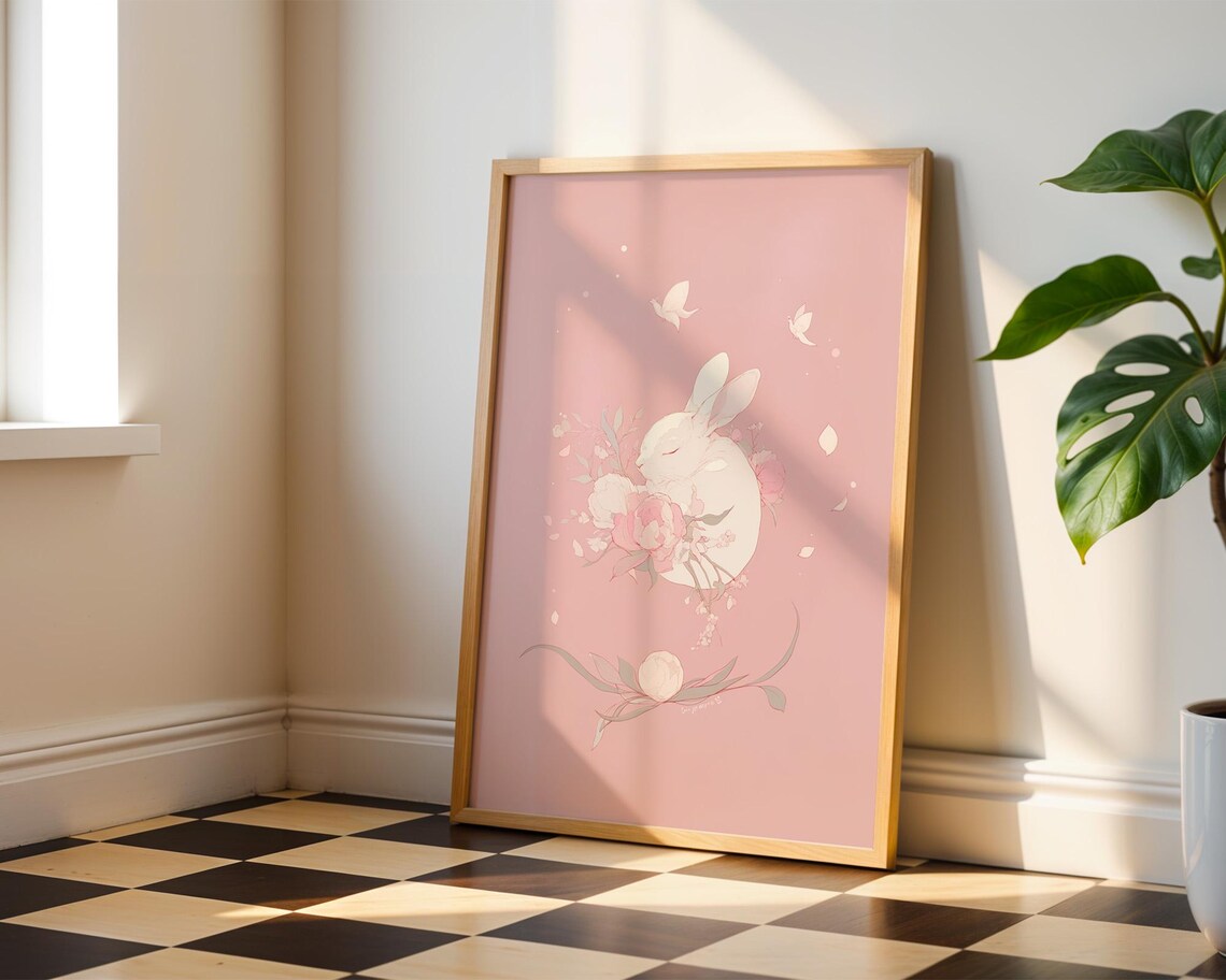White Bunny with Flowers on Soft Pink Nursery Animal Wall Art - Image 3