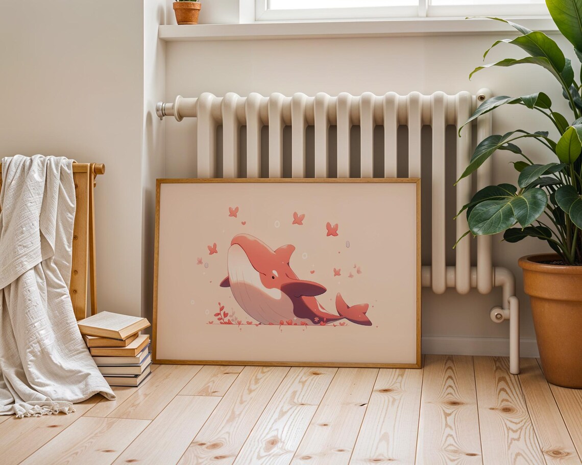 Cute Pink Whale Floating Among Butterflies Kawaii Wall Art in Soft Blush and Pastel Tones - Image 4