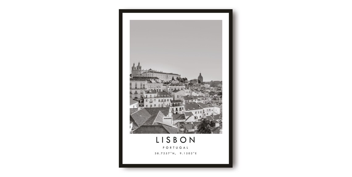 Lisbon Portugal Black and White Historic Rooftops City Photo Poster