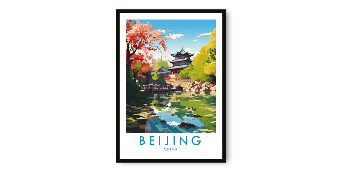 Beijing China Pagoda Temple Lake Retro Travel Souvenir Poster