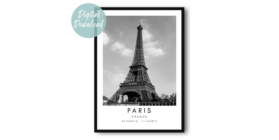 Paris Eiffel Tower Close Up Cloudy Sky Iconic Black White Poster
