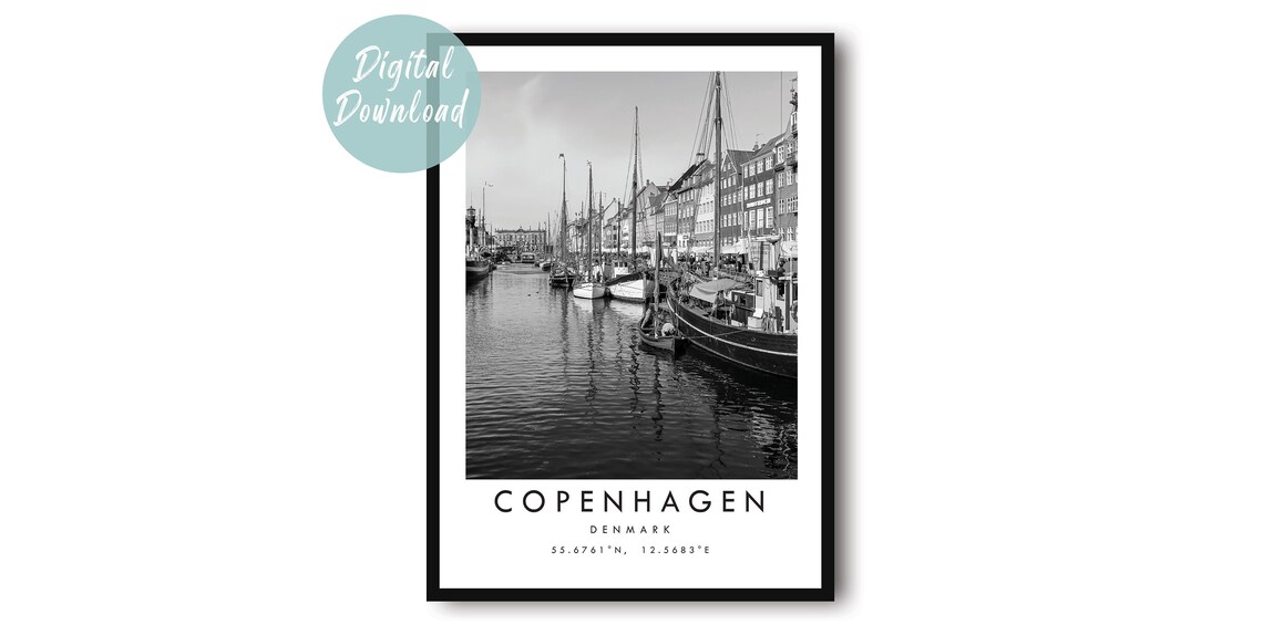 Copenhagen Nyhavn Historic Harbor Ships Black and White Photo Poster