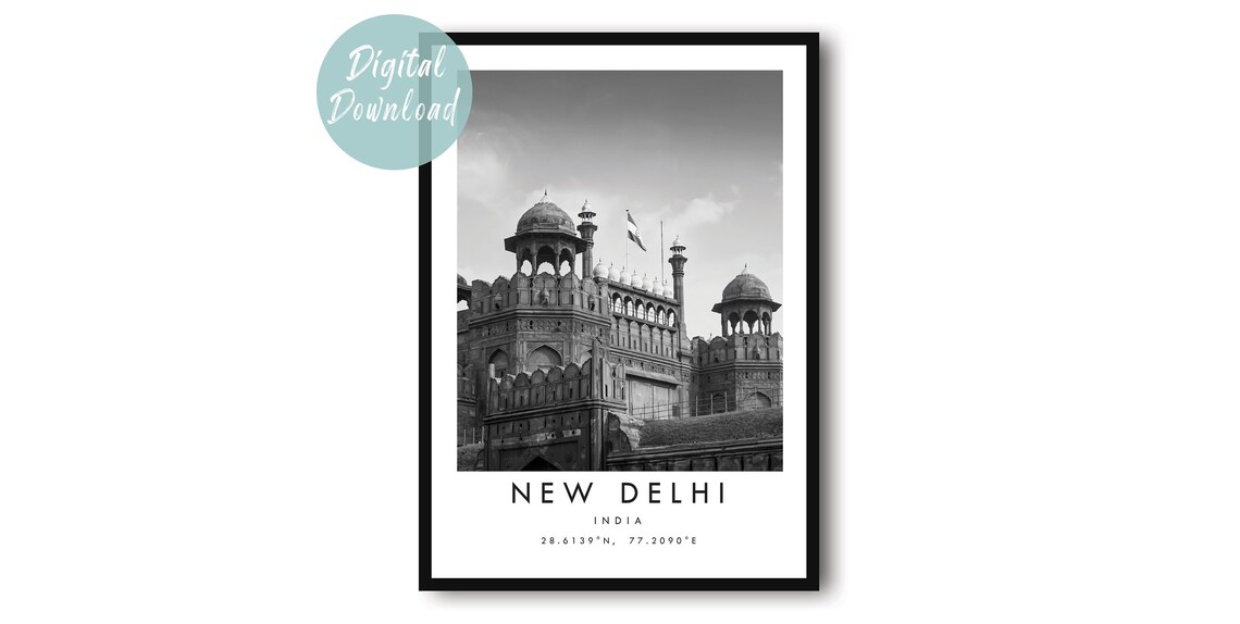 New Delhi Red Fort Domed Ramparts Black and White Photo Poster