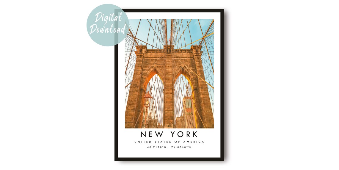 New York Brooklyn Bridge Tower Warm Sunset City Photography Poster
