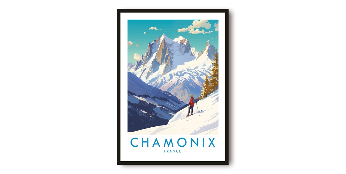 Chamonix Travel Poster, France Skiing Wall Art