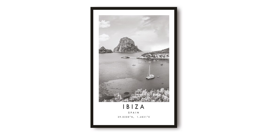 Ibiza Travel Poster, Black And White Minimalist Art Print