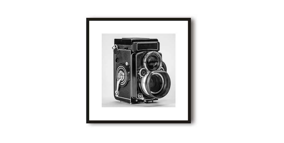 Classic Twin Lens Reflex Camera Side View Black White Poster