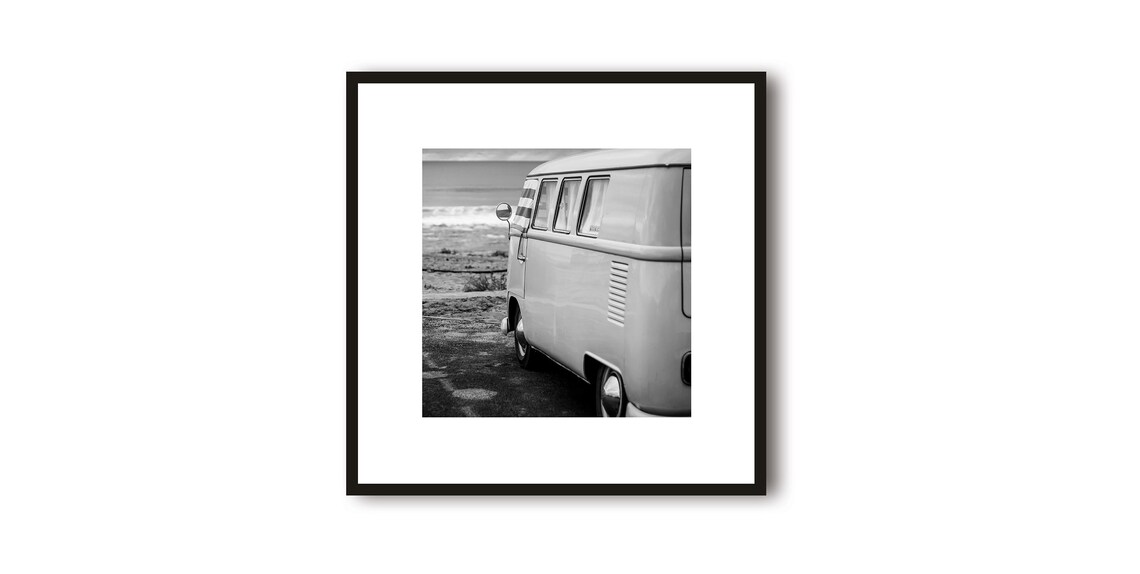Vintage Campervan Parked by the Sea Black White Photo Poster
