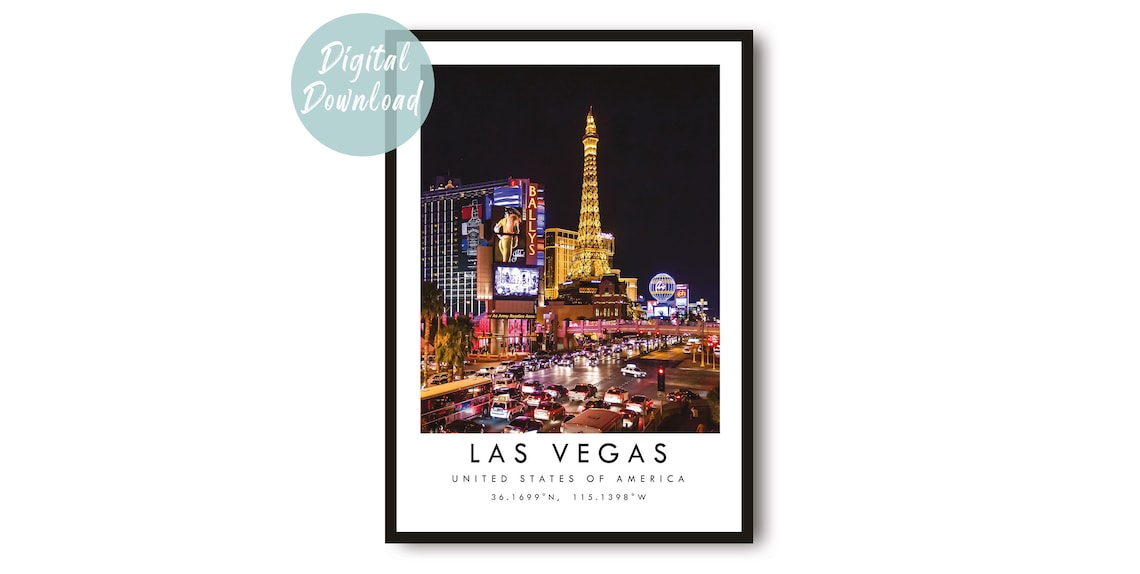 Las Vegas Strip at Night with Eiffel Tower Replica Color Travel Poster