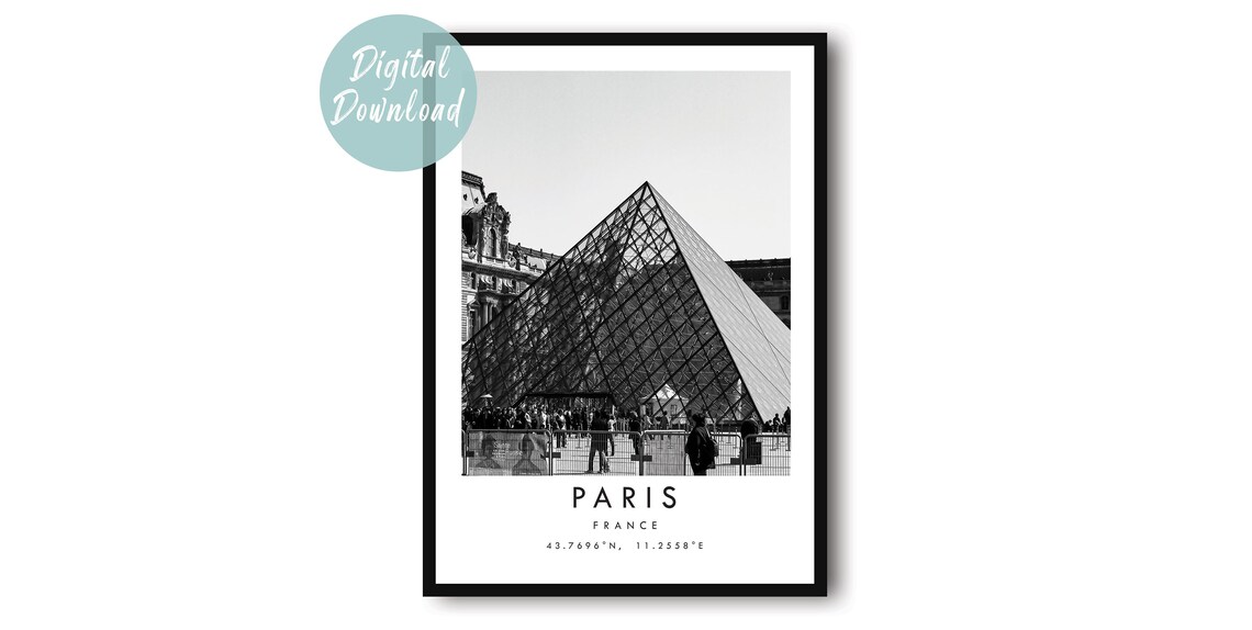 Paris Louvre Pyramid Black and White Minimalist Travel Poster