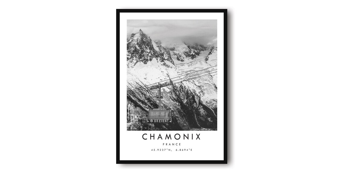 Chamonix France Cable Car Snowy Peaks Black And White Photo Poster