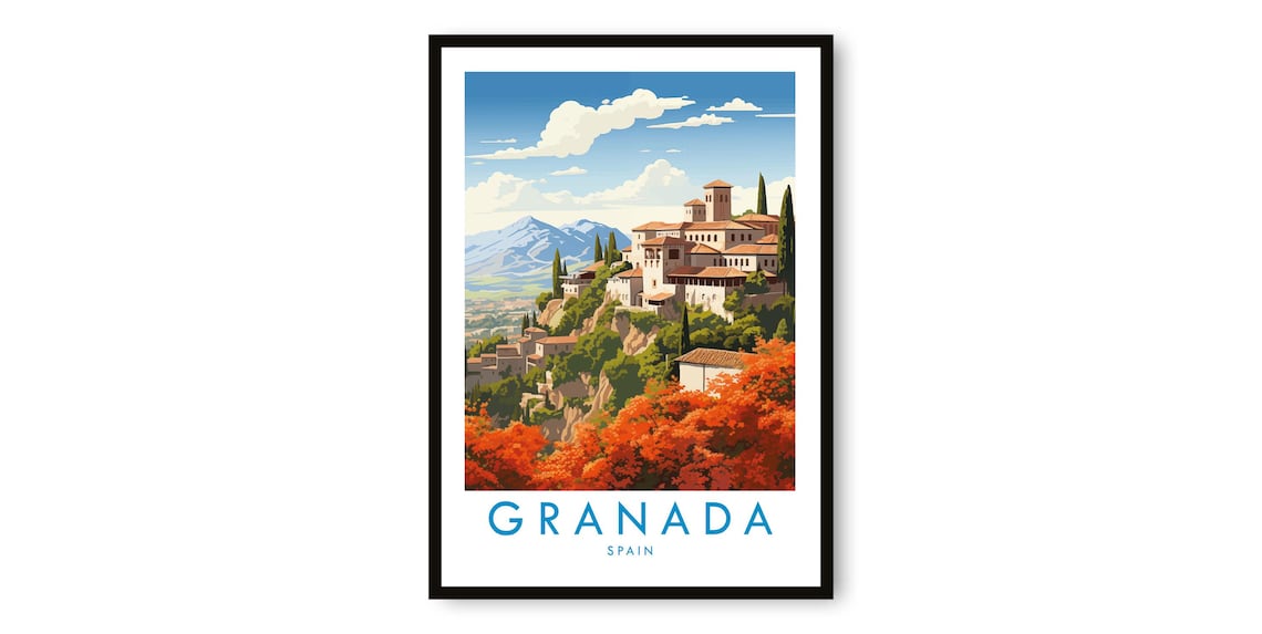 Granada Spain Hilltop Old Town Vintage Travel Poster Autumn View