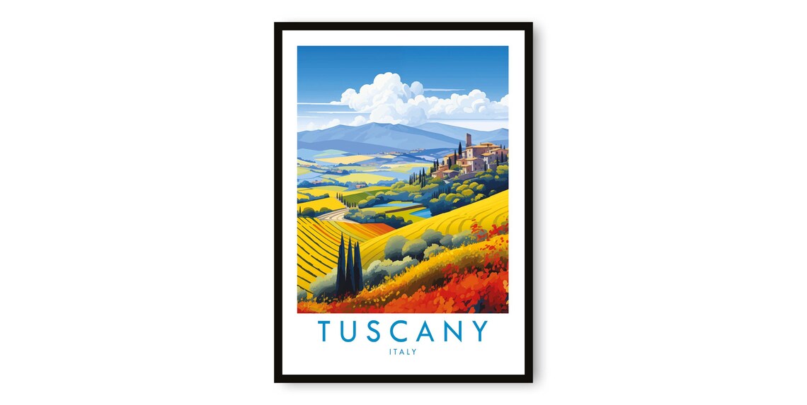 Tuscany Italy Rolling Cypress Hills Village Vintage Travel Poster