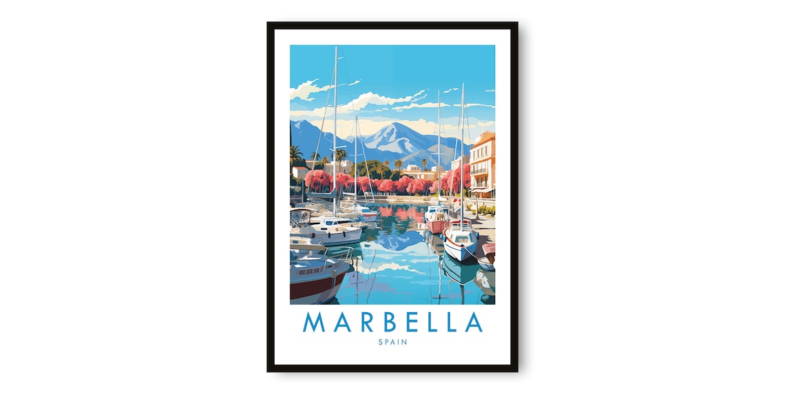 Marbella Spain Marina Sailboats Coast Mountain View Travel Poster
