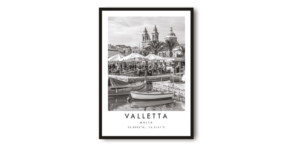 Valletta Malta Black White Harbor Photo Coordinate Wall Poster