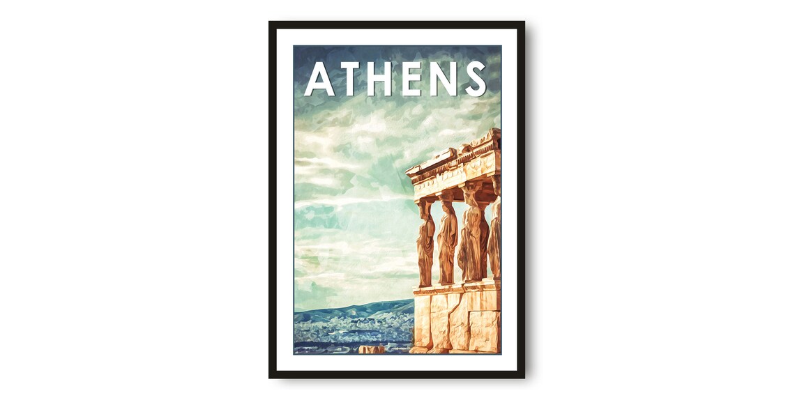 Athens Greece Acropolis Caryatid Porch Watercolor Travel Poster
