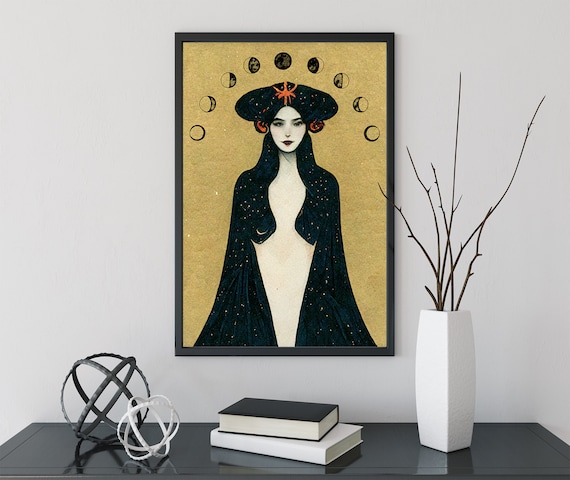 Moon Goddess Lilith Black Gold Art Nouveau Mystical Celestial Poster