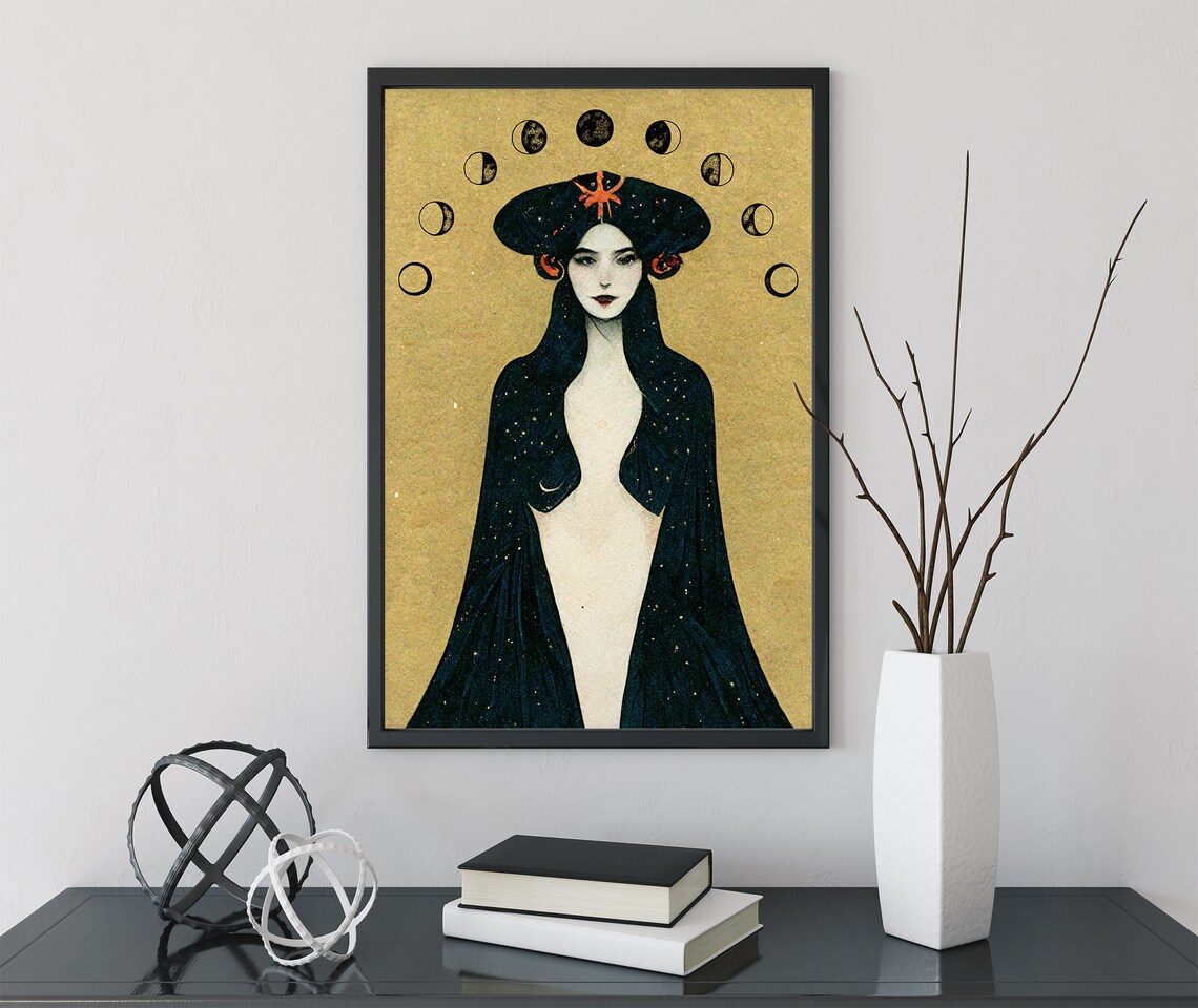Moon Goddess Lilith Black Gold Art Nouveau Mystical Celestial Poster