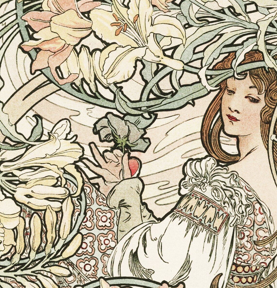 Mucha Langage des Fleurs Lily Woman Art Nouveau Beige Poster - Image 2