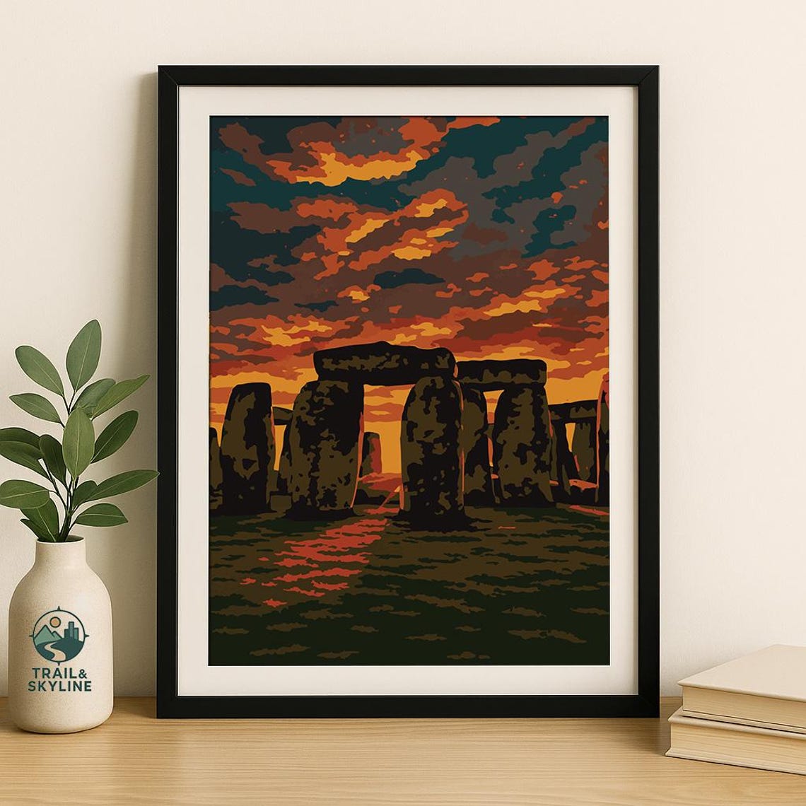 Stonehenge Sunset Orange Sky England Ancient Monument Travel Poster