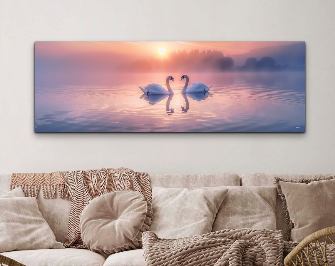 Swan Couple Romantic Art, Coastal Sunset Love