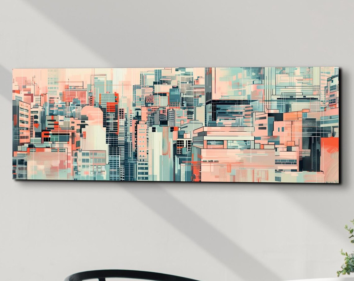 Soft Pink and Mint Abstract Cityscape Geometric Urban Art Poster