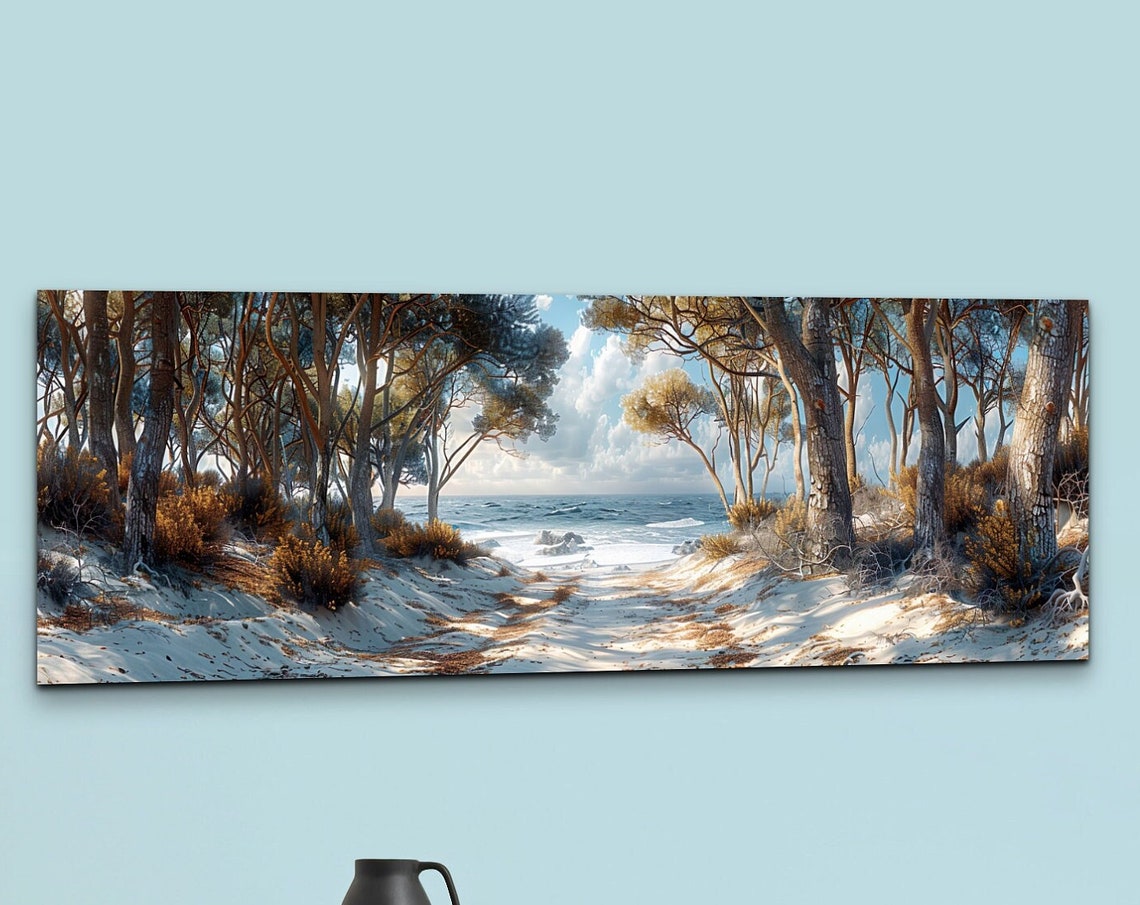 Pine Forest Path Leading to the Beach Ocean View Panorama Wall Art