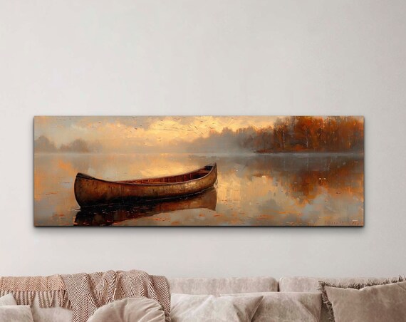 Lake Canoe Minimalist Art Print, Rustic Cabin Decor