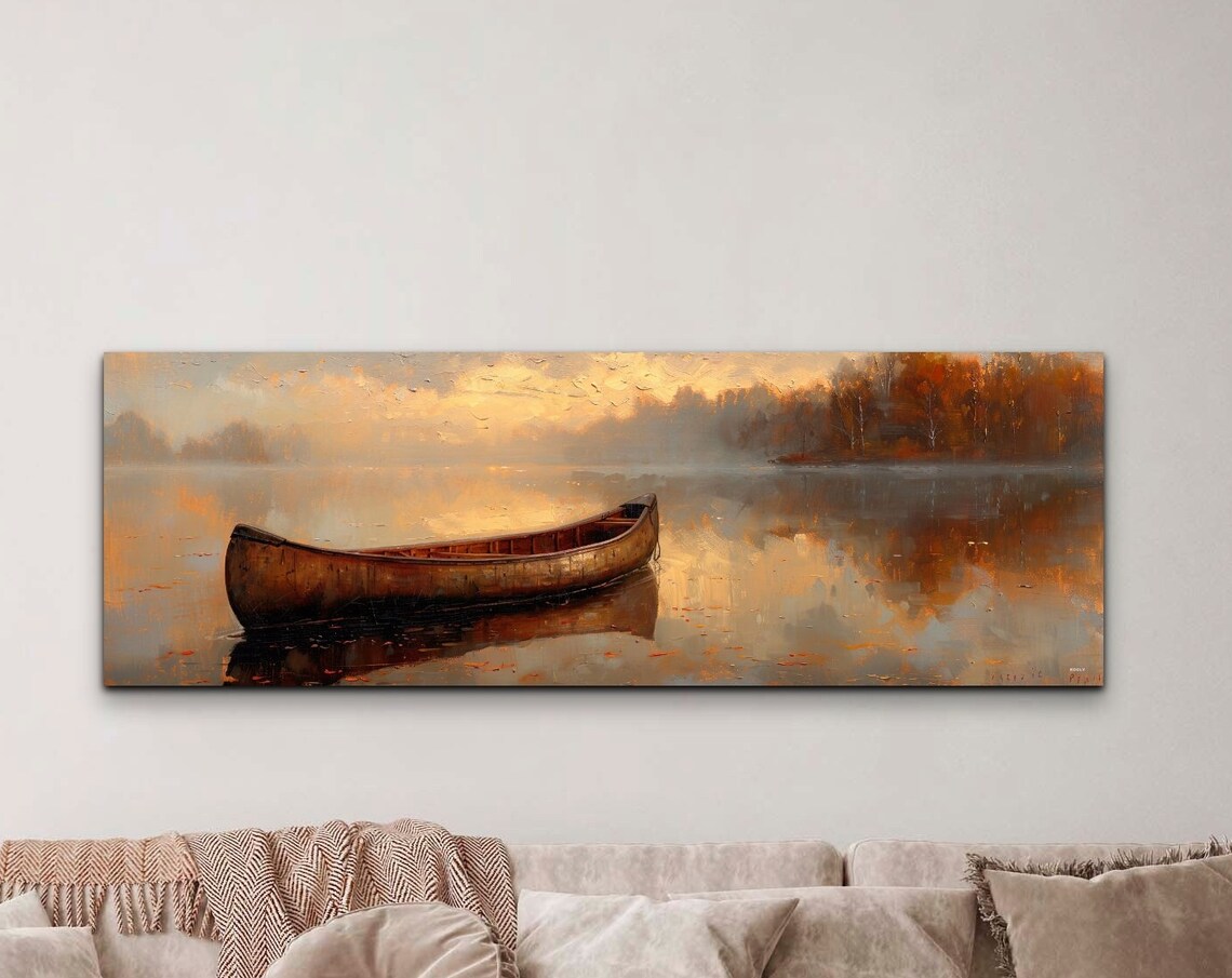 Lake Canoe Minimalist Art Print, Rustic Cabin Decor