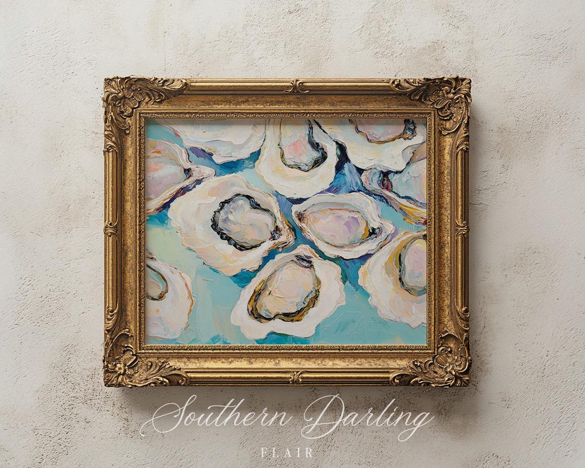 Oyster Shells On Blue Background Impasto Coastal Shell Art Poster - Image 3