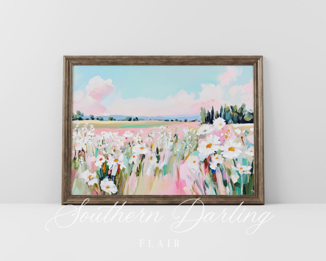 Pastel Wildflower Meadow Daisy Field Spring Landscape Art Poster - Image 5