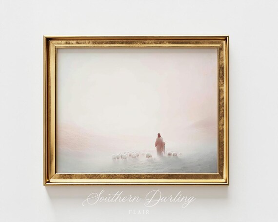 Jesus The Good Shepherd Leading Sheep Through Soft Morning Mist Poster