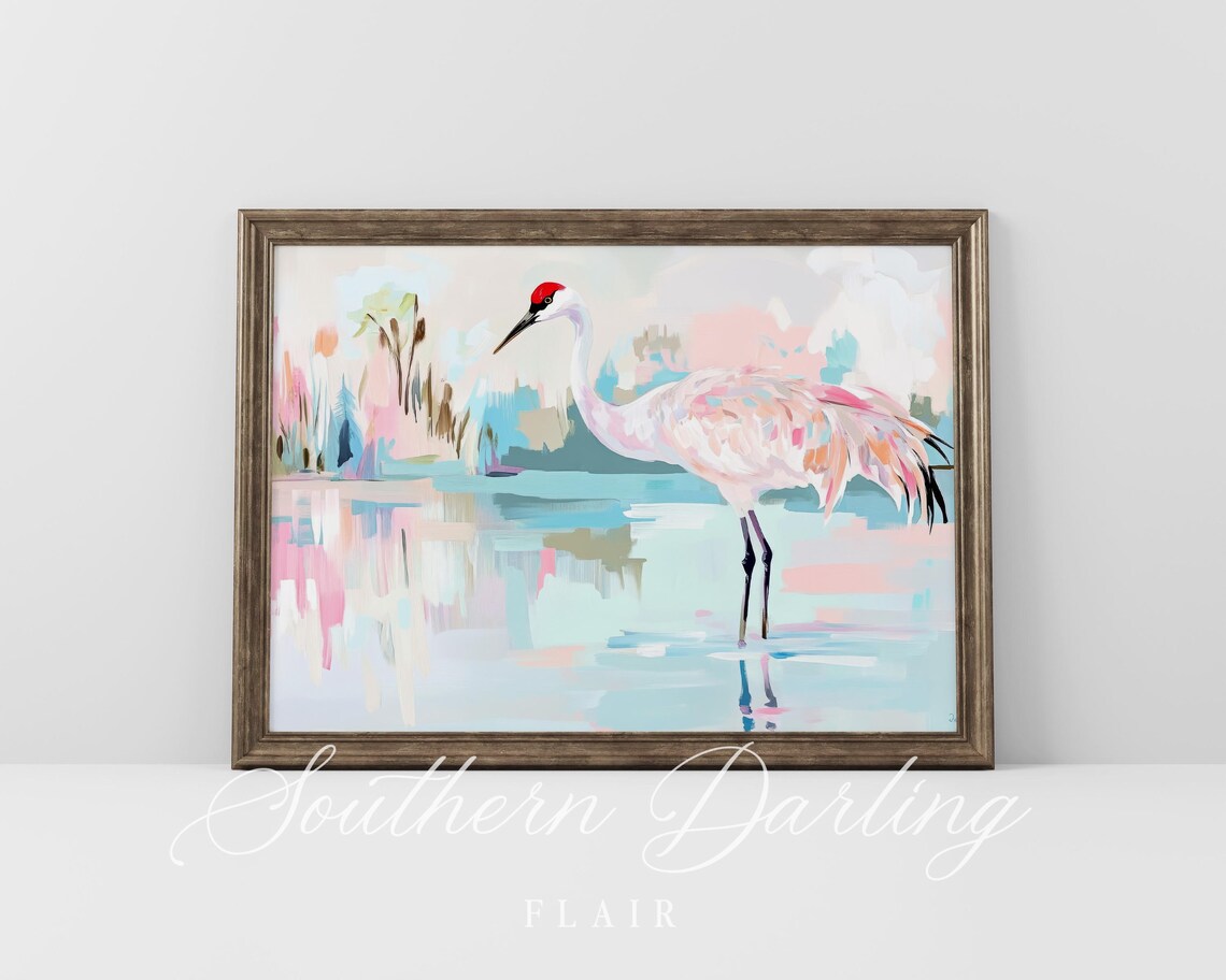 Sandhill Crane Wading In Pastel Pink And Teal Wetland Art Poster - Image 5