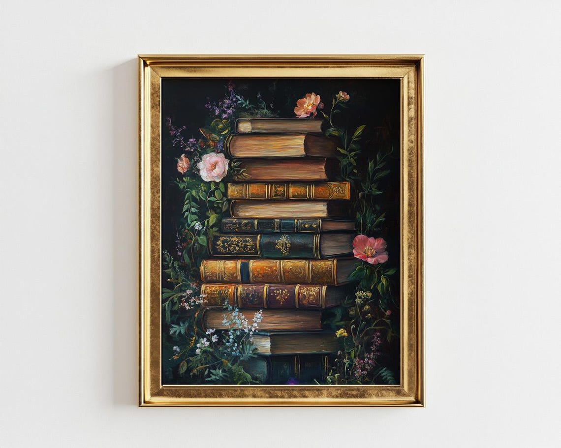 Tall Stack Of Antique Books With Flowers Dark Library Art Poster