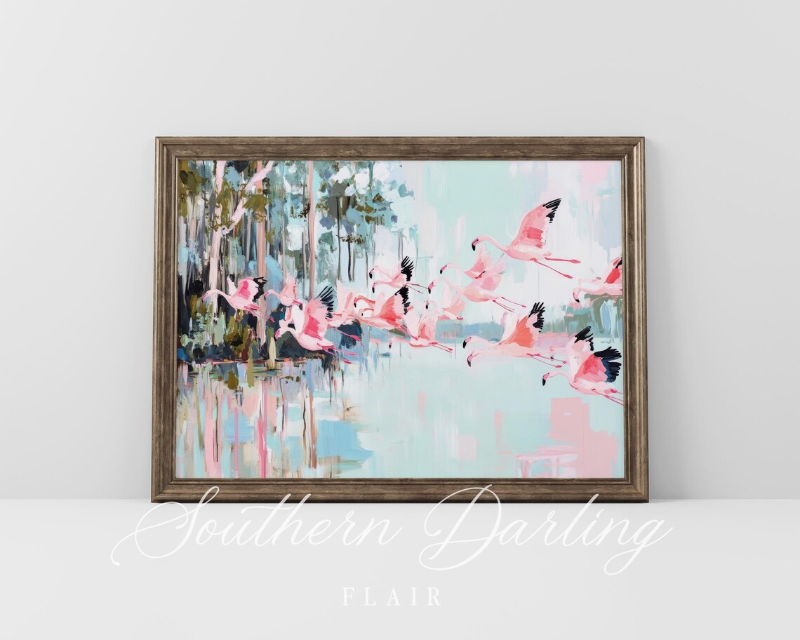 Flamingos Flying Over Water, Grandmillenial Art Print - Image 5