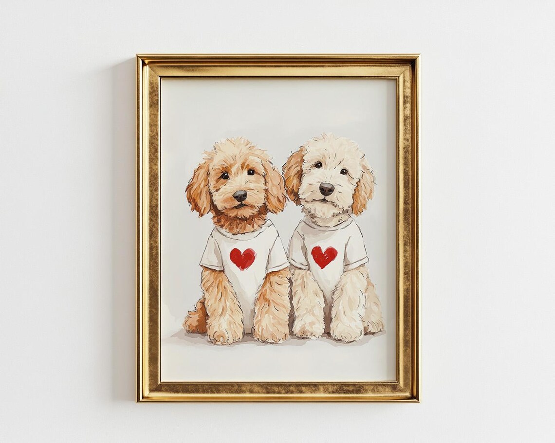 Two Goldendoodle Puppies In Heart Shirts Valentines Day Dog Poster