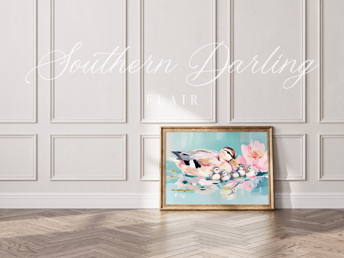 Mother Duck With Ducklings Swimming In Teal Water Pastel Art Poster - Image 2