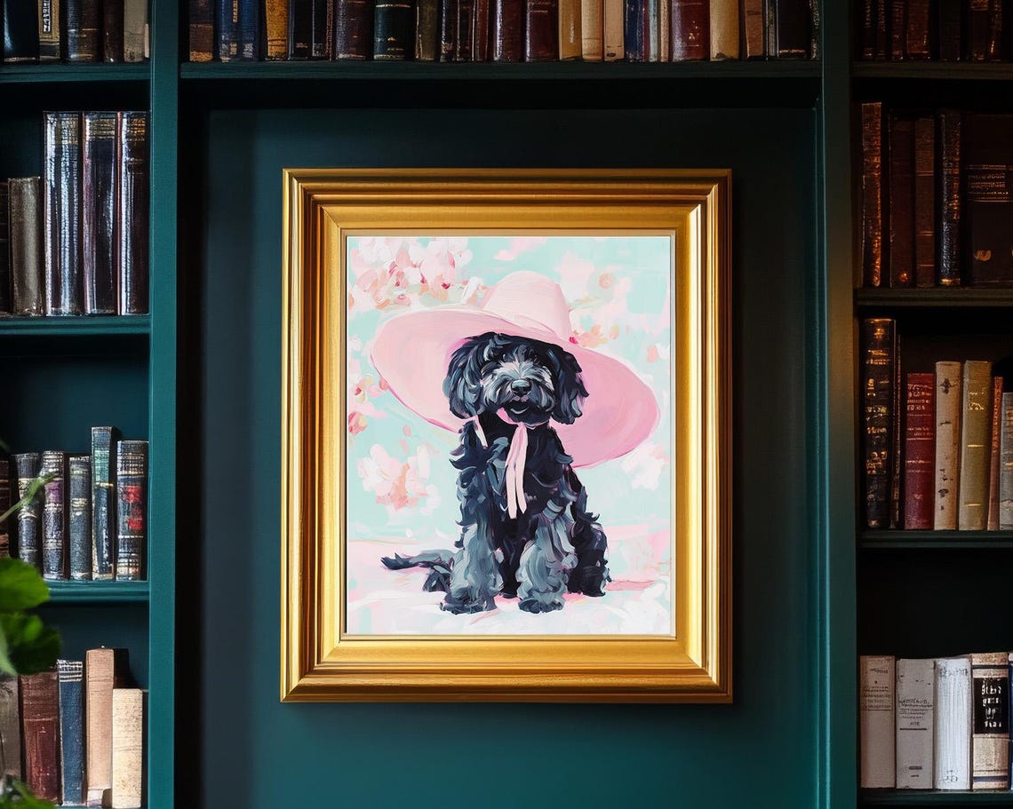 Black Goldendoodle In Pink Sun Hat Pastel Dog Portrait Art Poster - Image 2