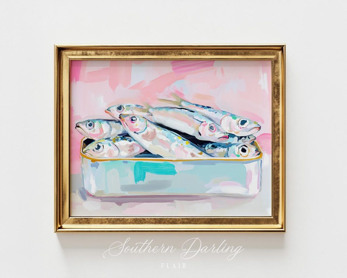 Sardines In Tin Pastel Pink Background Whimsical Seafood Art Poster