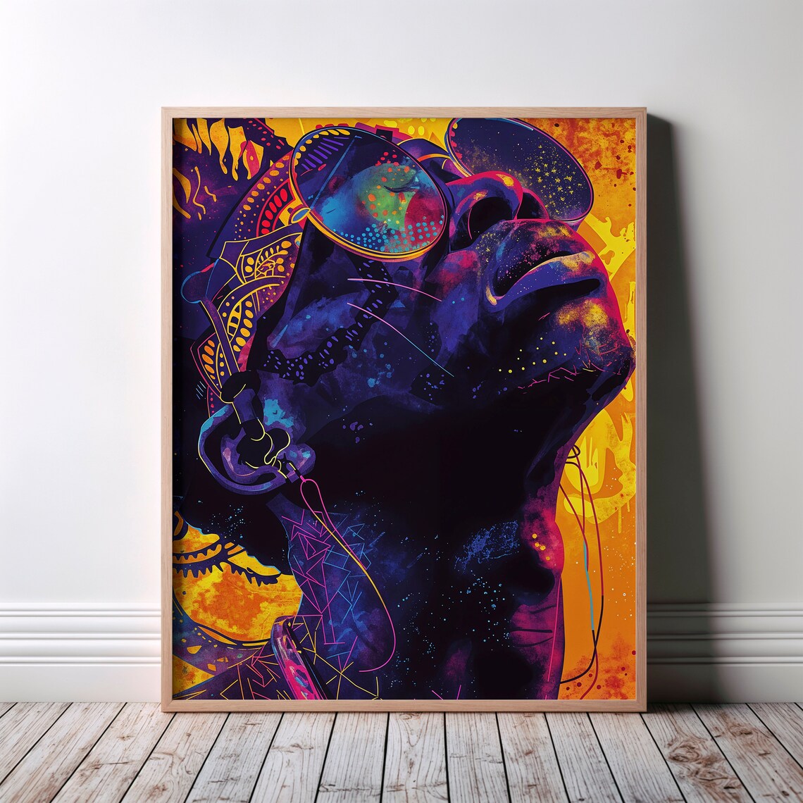 Man With Earphones Neon Purple Orange Music Portrait Poster Electric