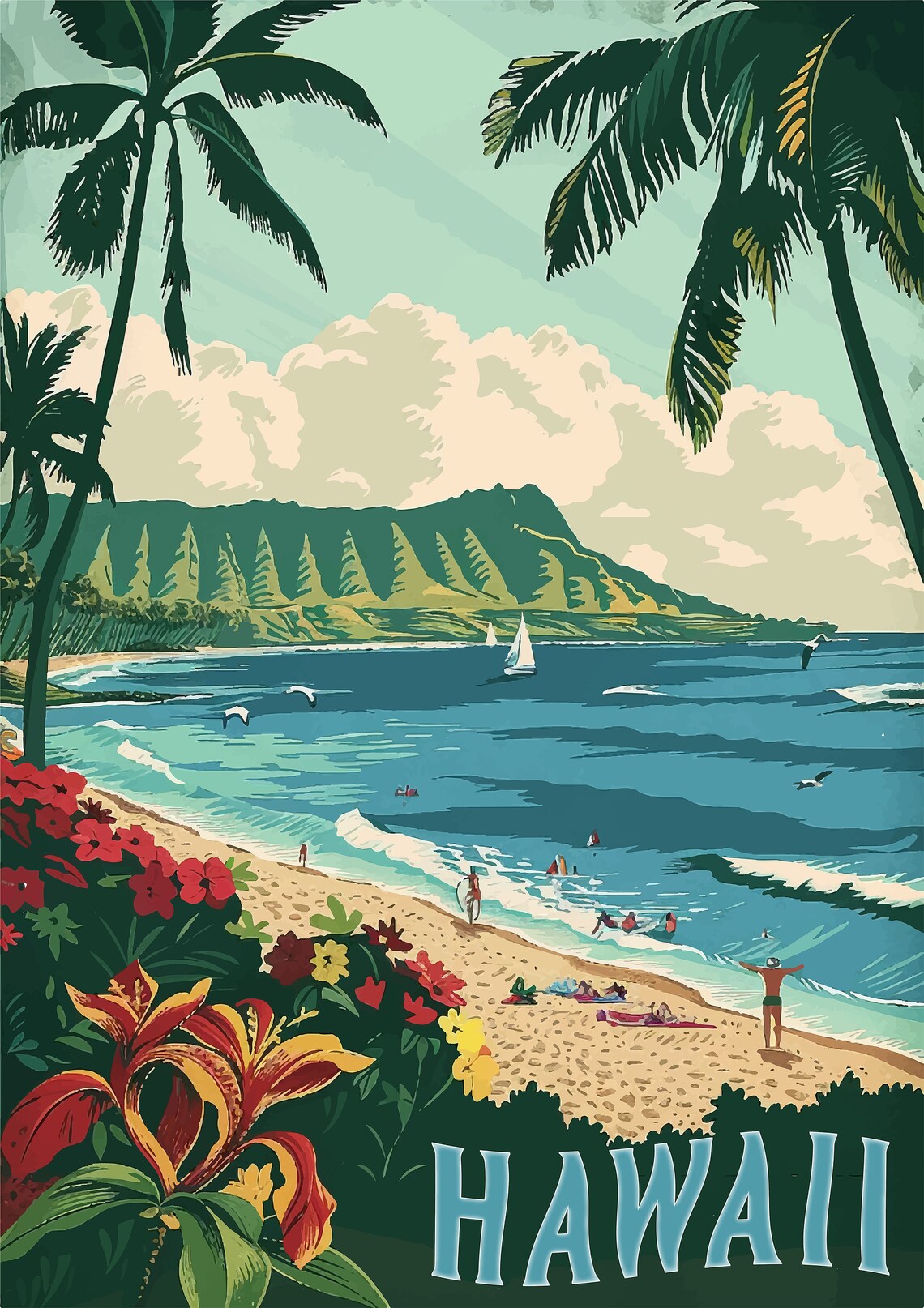 Hawaii Diamond Head Beach Scene with Palms Retro Travel Poster