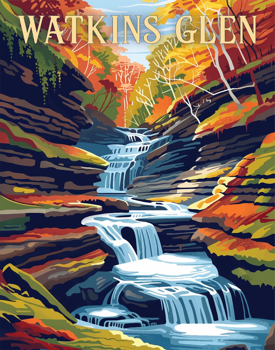 Watkins Glen Waterfall Gorge Autumn Colors Scenic Travel Poster