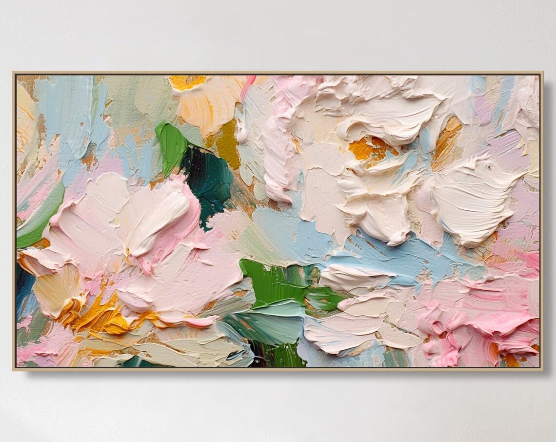 Pastel Abstract Floral Pink Blue Cream Textured Oil Painting Wall Art