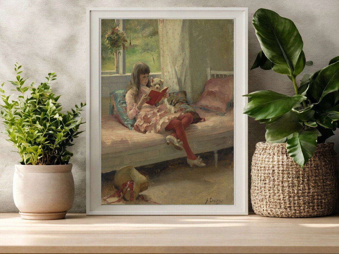 Victorian Girl Reading with Small Dog Vintage Portrait Poster - Image 3