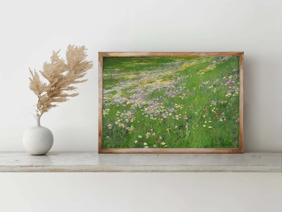 Muted Meadow Wildflowers Painting Flower Meadow Vintage Landscape Painting Print Farmhouse Wall Decor Wildflower Art Print Wall Art