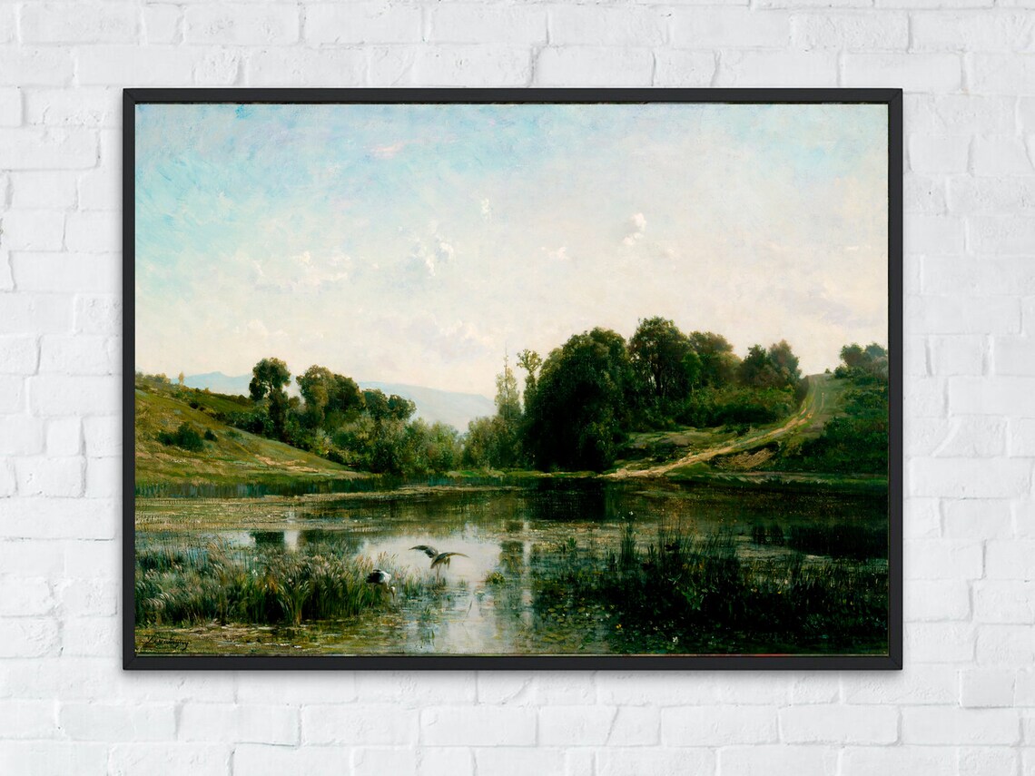 Muted Green Pond Landscape Vintage Countryside Bird Painting Poster - Image 3